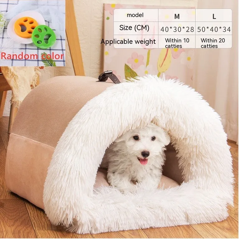 Splice portable pet nest in brown with semi-enclosed hood, soft plush fabric, M size