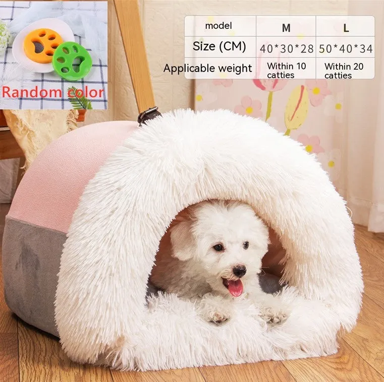 Splice portable pet nest in brown with semi-enclosed hood, soft plush fabric, M size