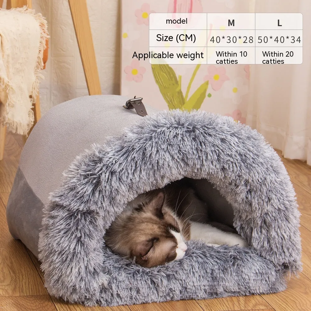 Splice portable pet nest in brown with semi-enclosed hood, soft plush fabric, M size
