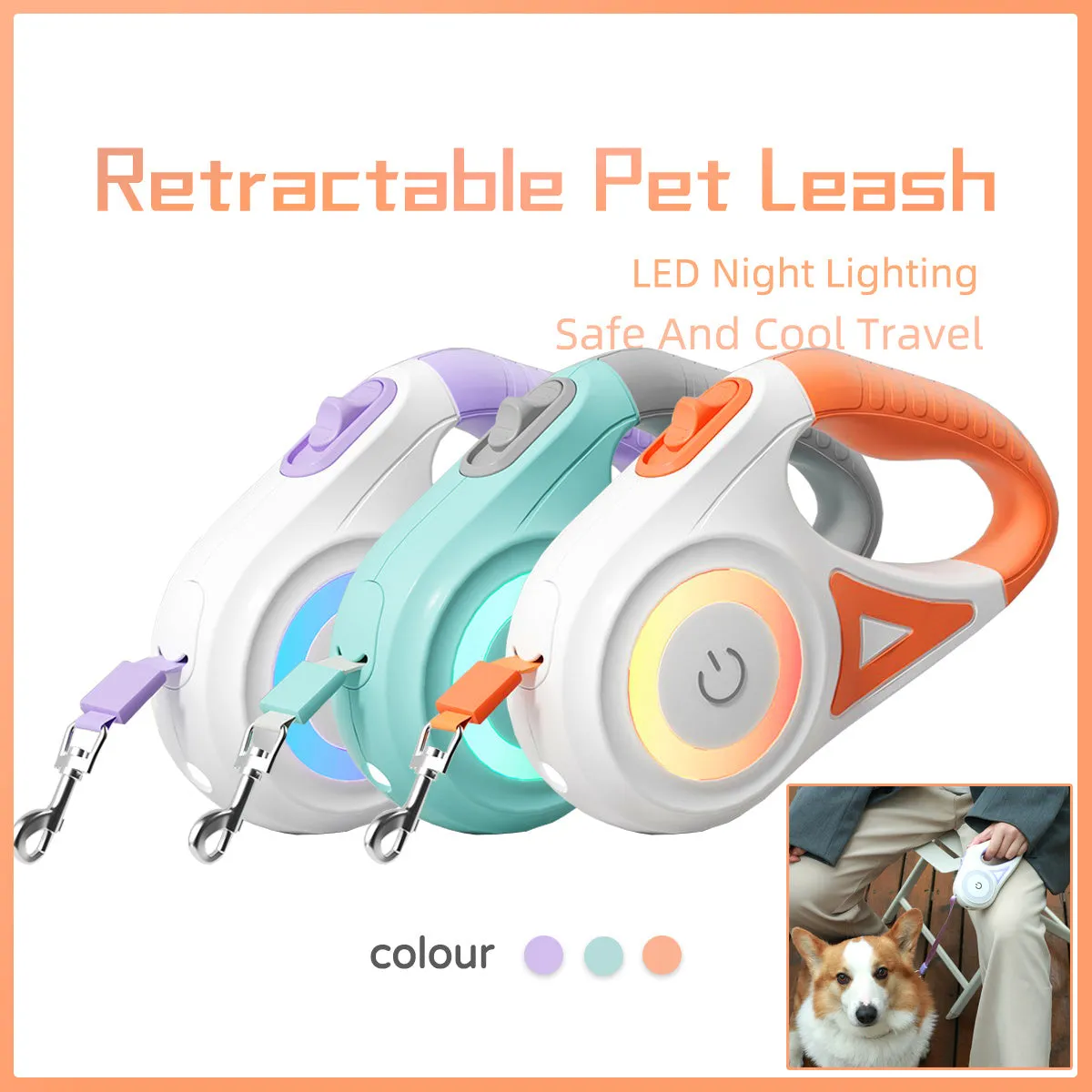 Retractable dog leash in Dream Purple, 3m length, with one-handed brake button and ABS housing