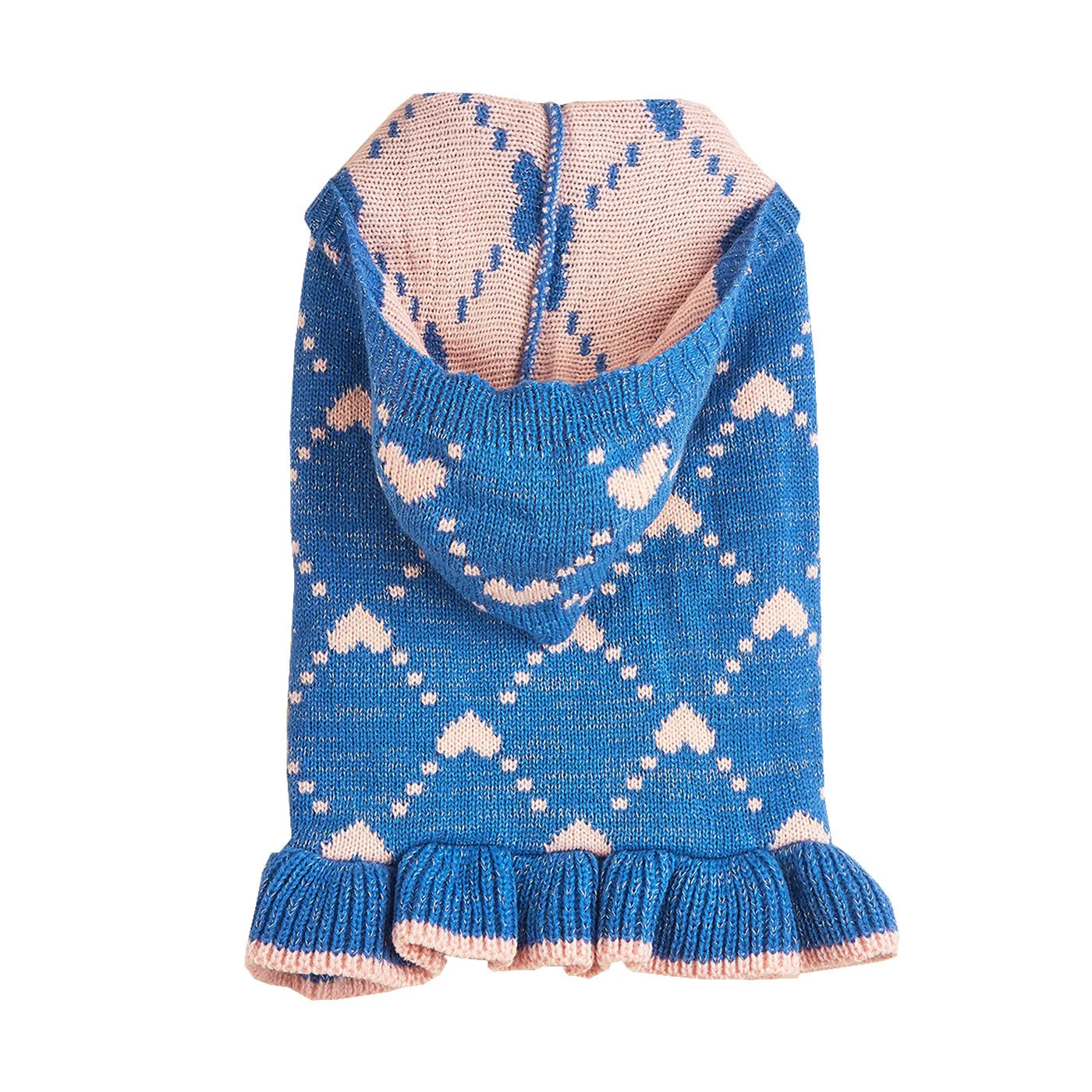 Small dog wearing blue knit sweater hoodie dress with heart motif on front
