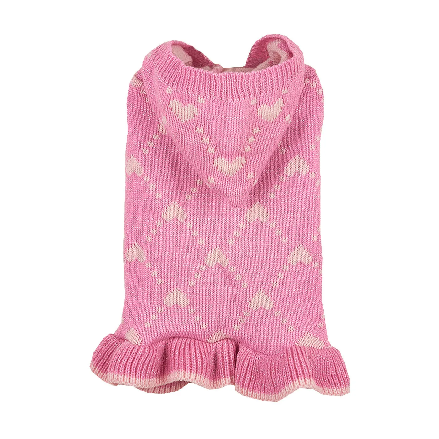 Small dog wearing blue knit sweater hoodie dress with heart motif on front
