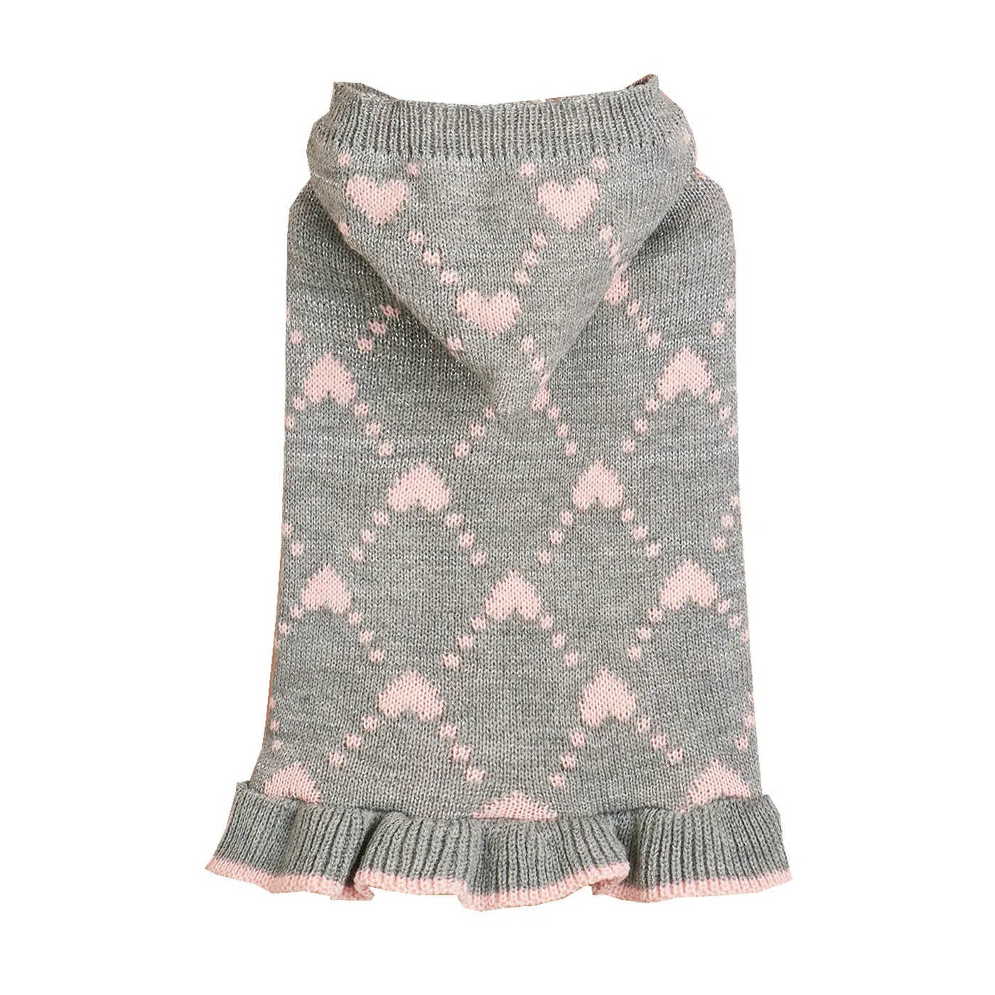 Small dog wearing blue knit sweater hoodie dress with heart motif on front