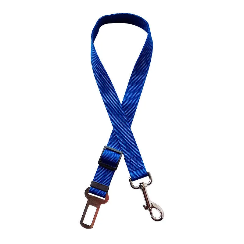 Black adjustable pet car seat belt with nylon fabric strap and zinc alloy clip on vehicle seat