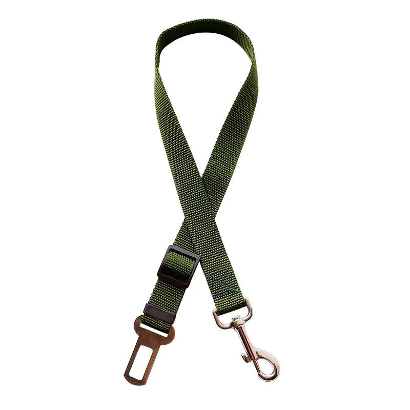 Black adjustable pet car seat belt with nylon fabric strap and zinc alloy clip on vehicle seat