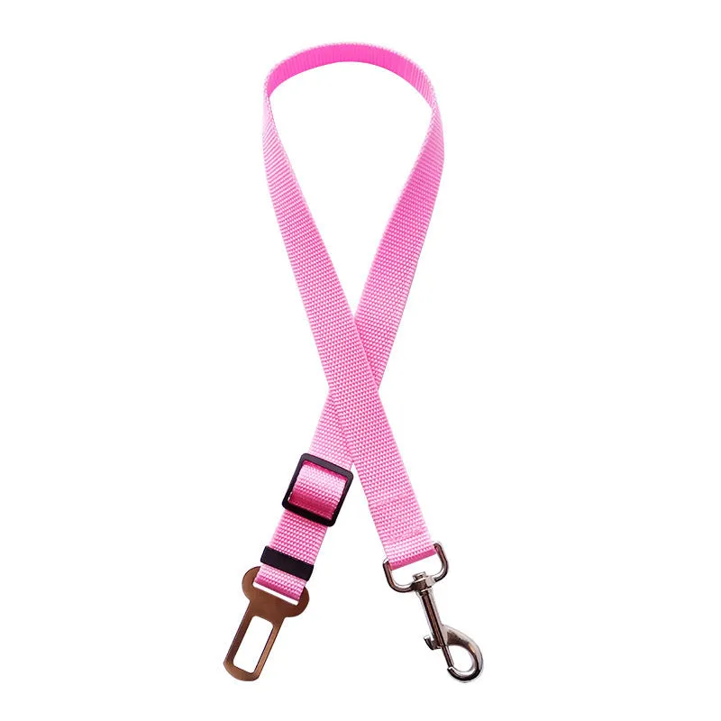 Black adjustable pet car seat belt with nylon fabric strap and zinc alloy clip on vehicle seat