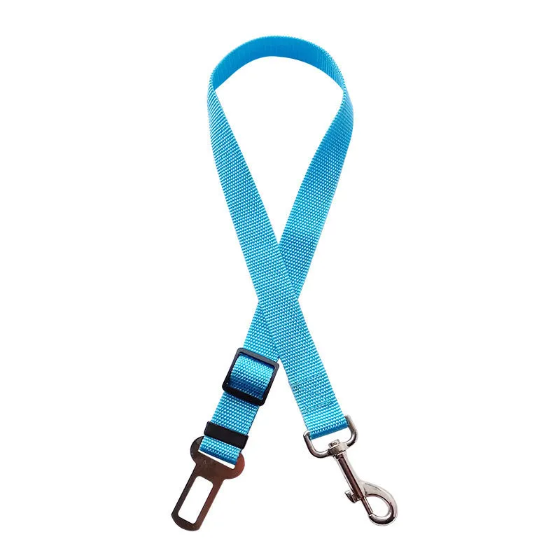 Black adjustable pet car seat belt with nylon fabric strap and zinc alloy clip on vehicle seat