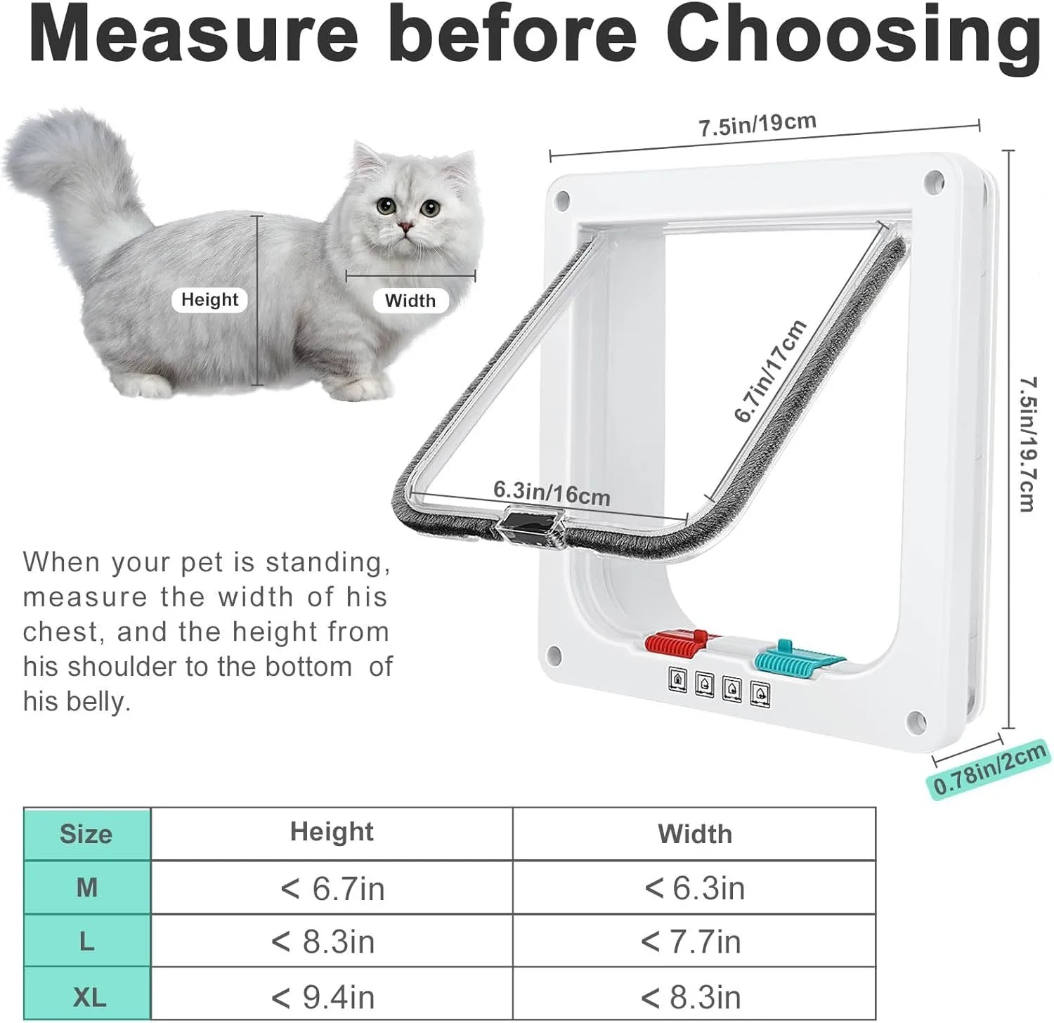 White plastic thin cat door for window with lock modes and weatherproof flap