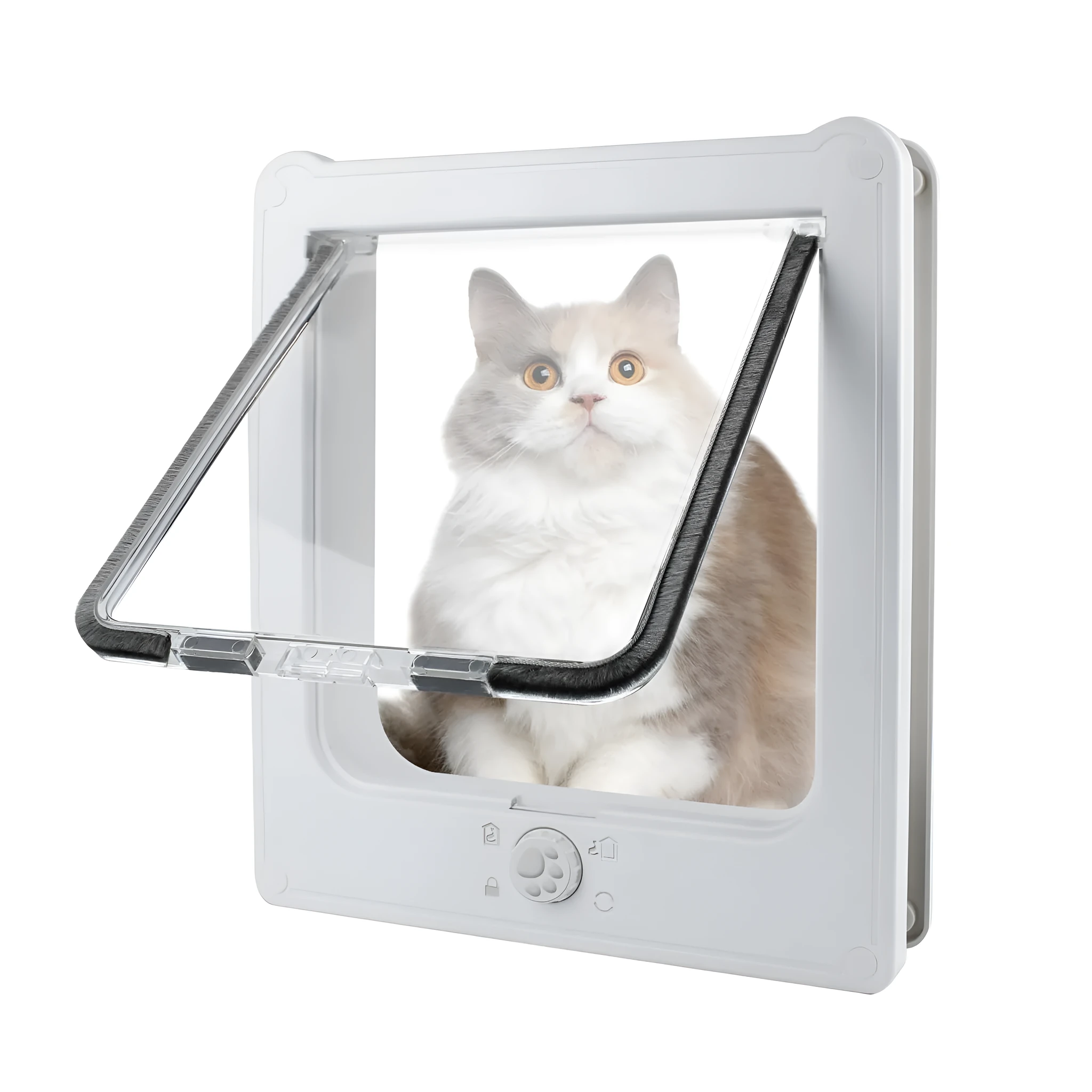 White plastic thin cat door for window with lock modes and weatherproof flap