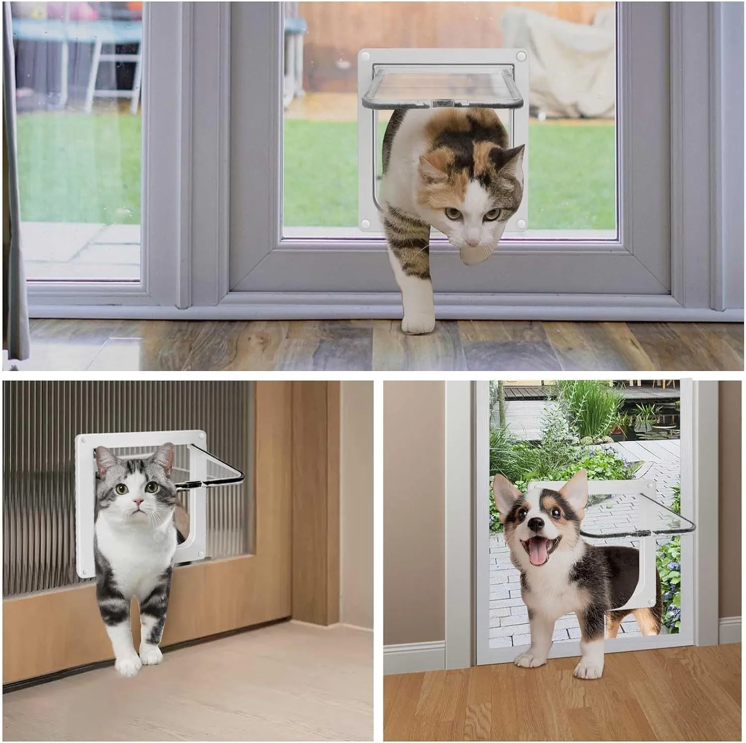 White plastic thin cat door for window with lock modes and weatherproof flap