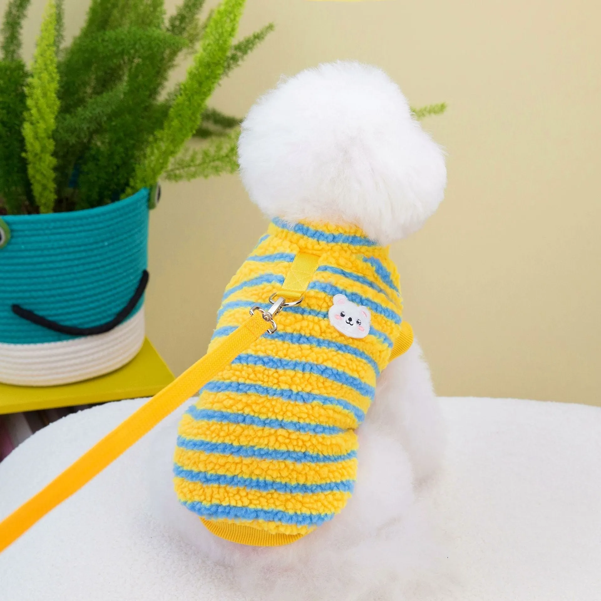 Thickened striped bear pet top in polar fluff, green colour, for dogs, casual style