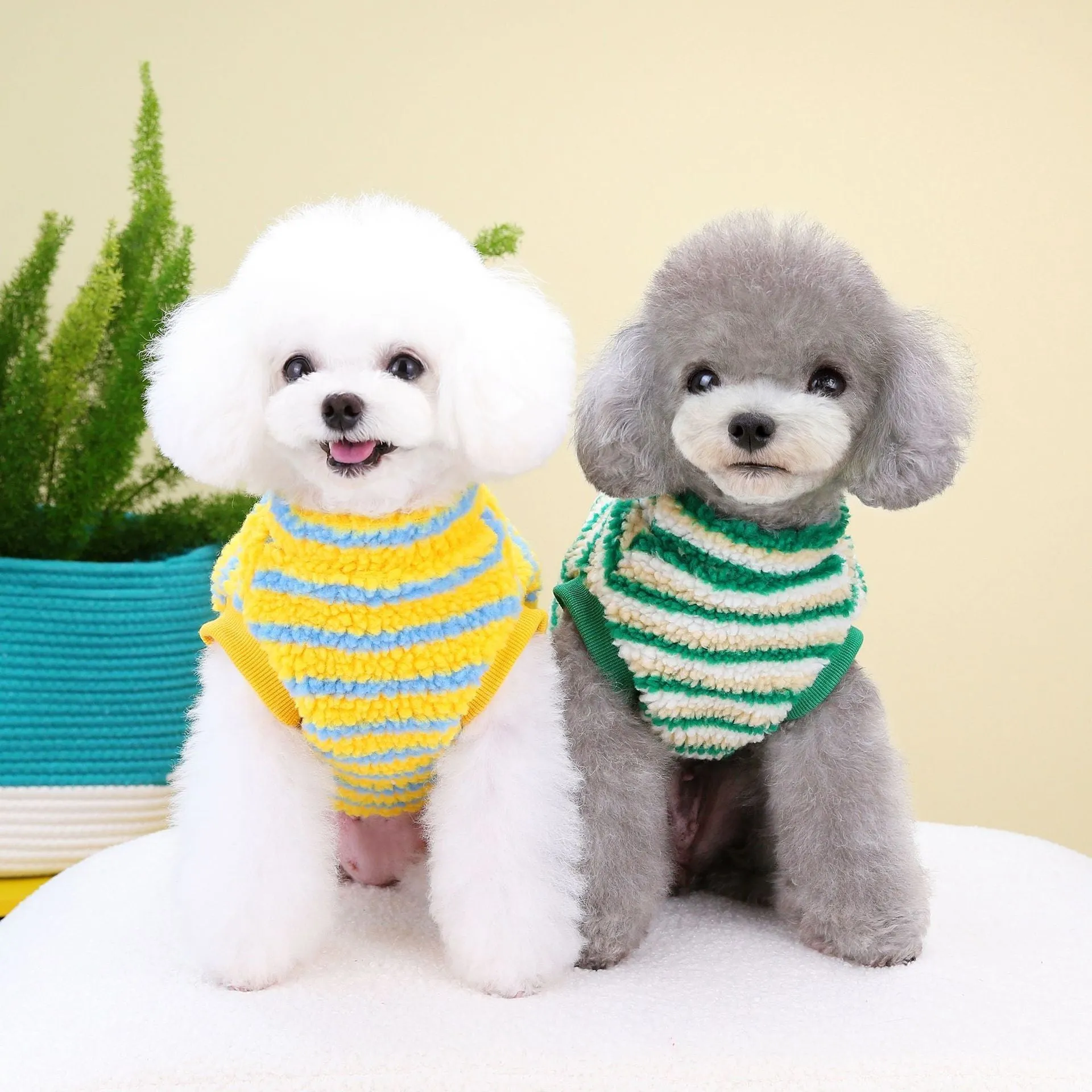 Thickened striped bear pet top in polar fluff, green colour, for dogs, casual style