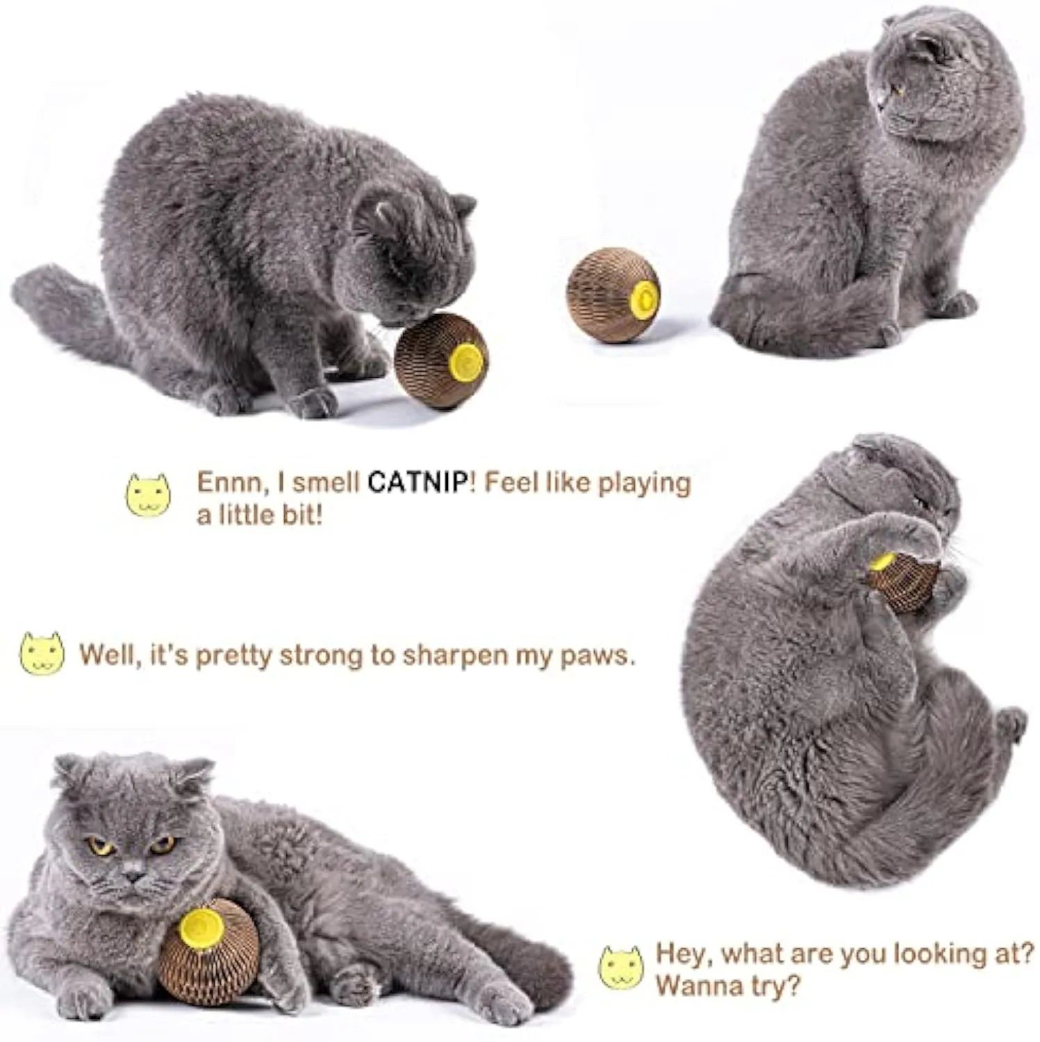 Brown catnip refillable scratch ball made from recycled corrugated paper with natural catnip included, 76mm size, on wooden floor