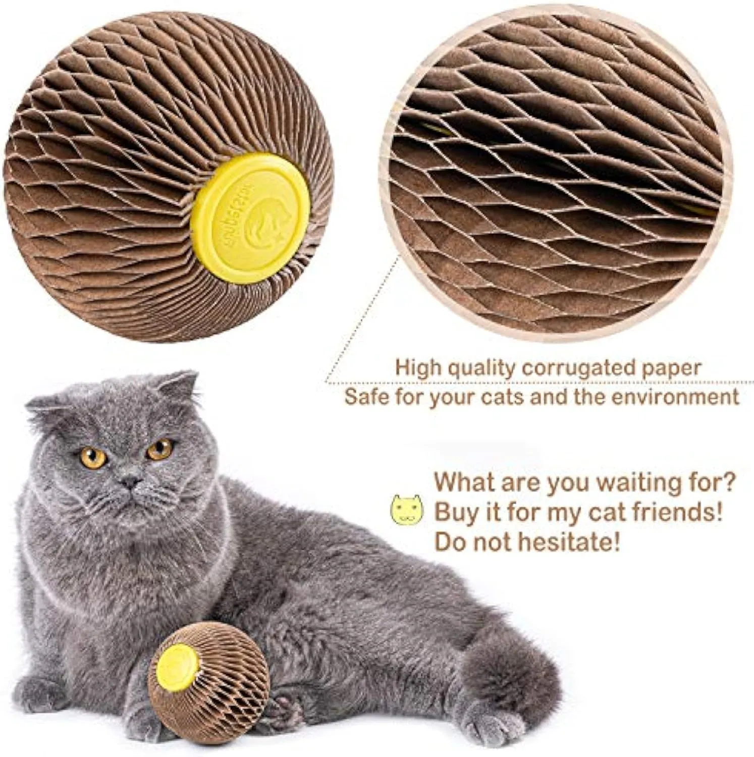 Brown catnip refillable scratch ball made from recycled corrugated paper with natural catnip included, 76mm size, on wooden floor