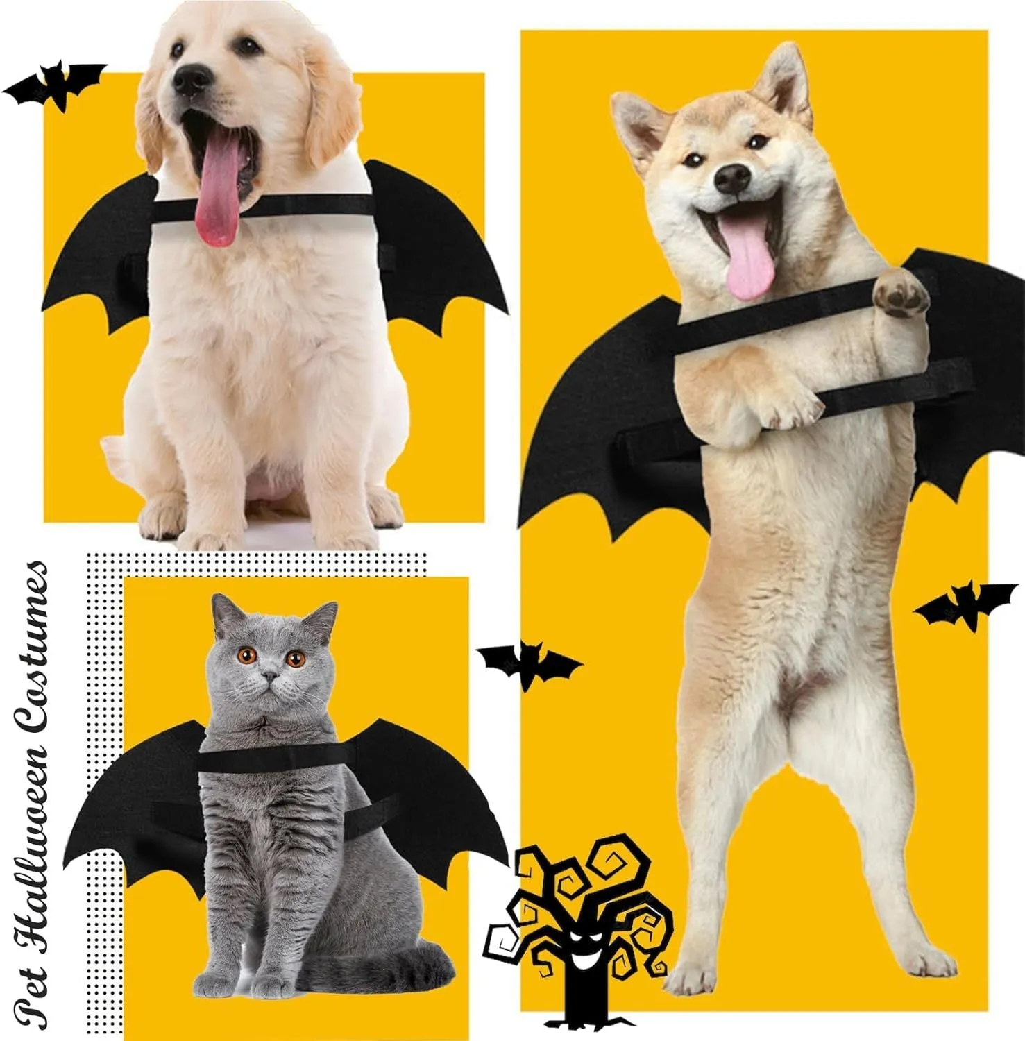 Small dog wearing a black bat costume with luminous skeleton bone wings against a Halloween background