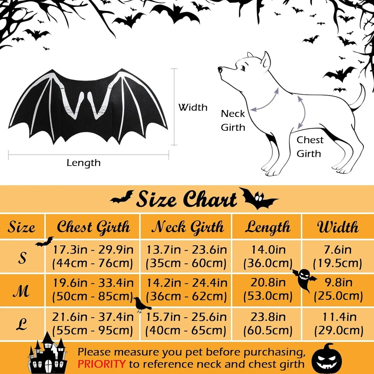 Small dog wearing a black bat costume with luminous skeleton bone wings against a Halloween background