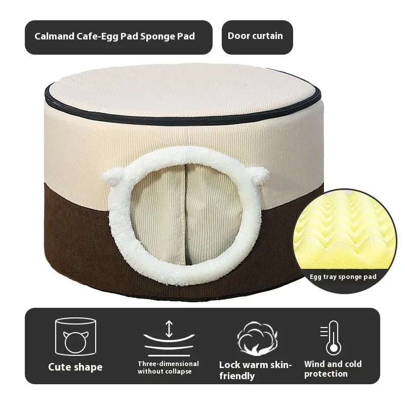 Closed plush cloth cat nest in dark coffee colour with entrance opening, suitable for indoor cats up to 9kg