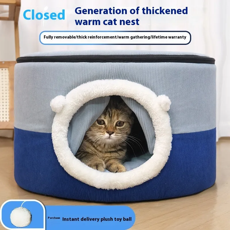 Closed plush cloth cat nest in dark coffee colour with entrance opening, suitable for indoor cats up to 9kg