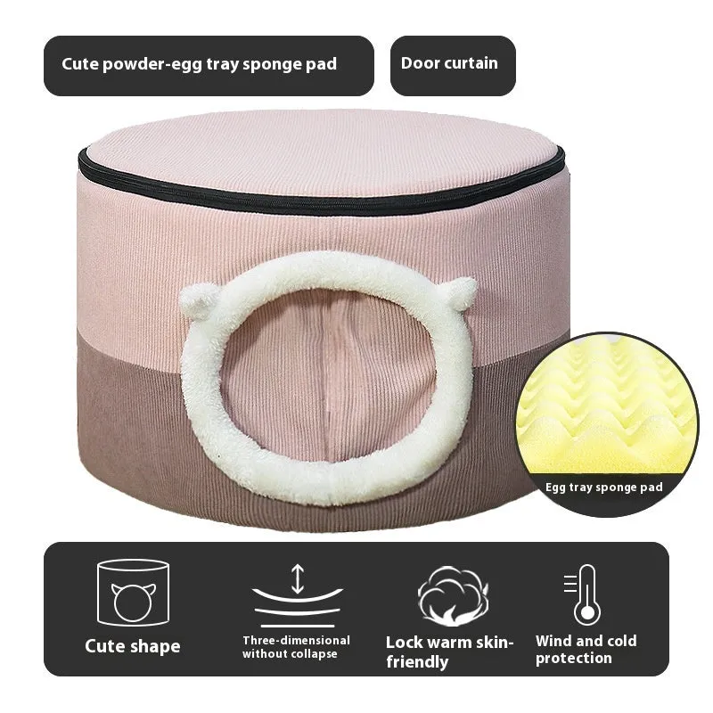 Closed plush cloth cat nest in dark coffee colour with entrance opening, suitable for indoor cats up to 9kg