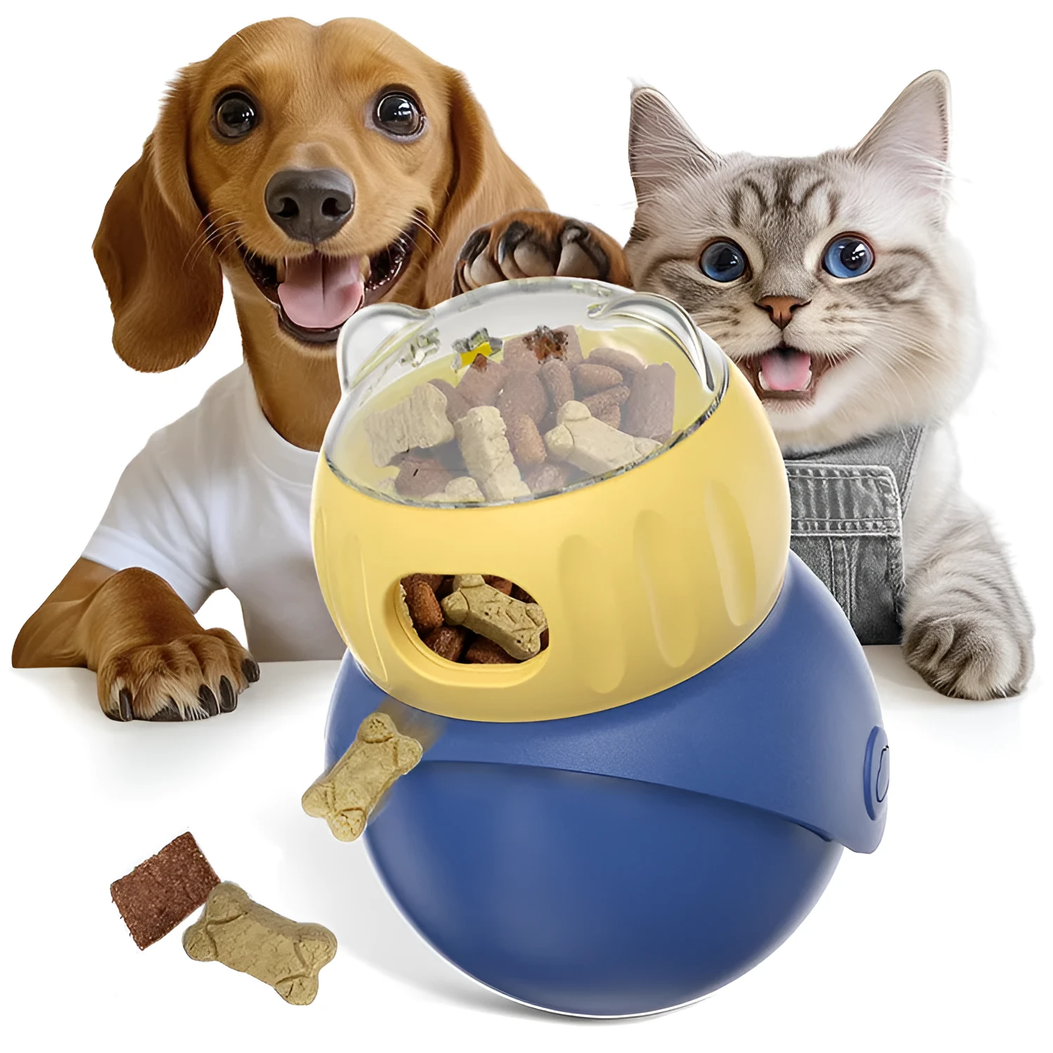 Morandi yellow and blue plastic owl-shaped tumbler cat toy with a food puzzle feeder.