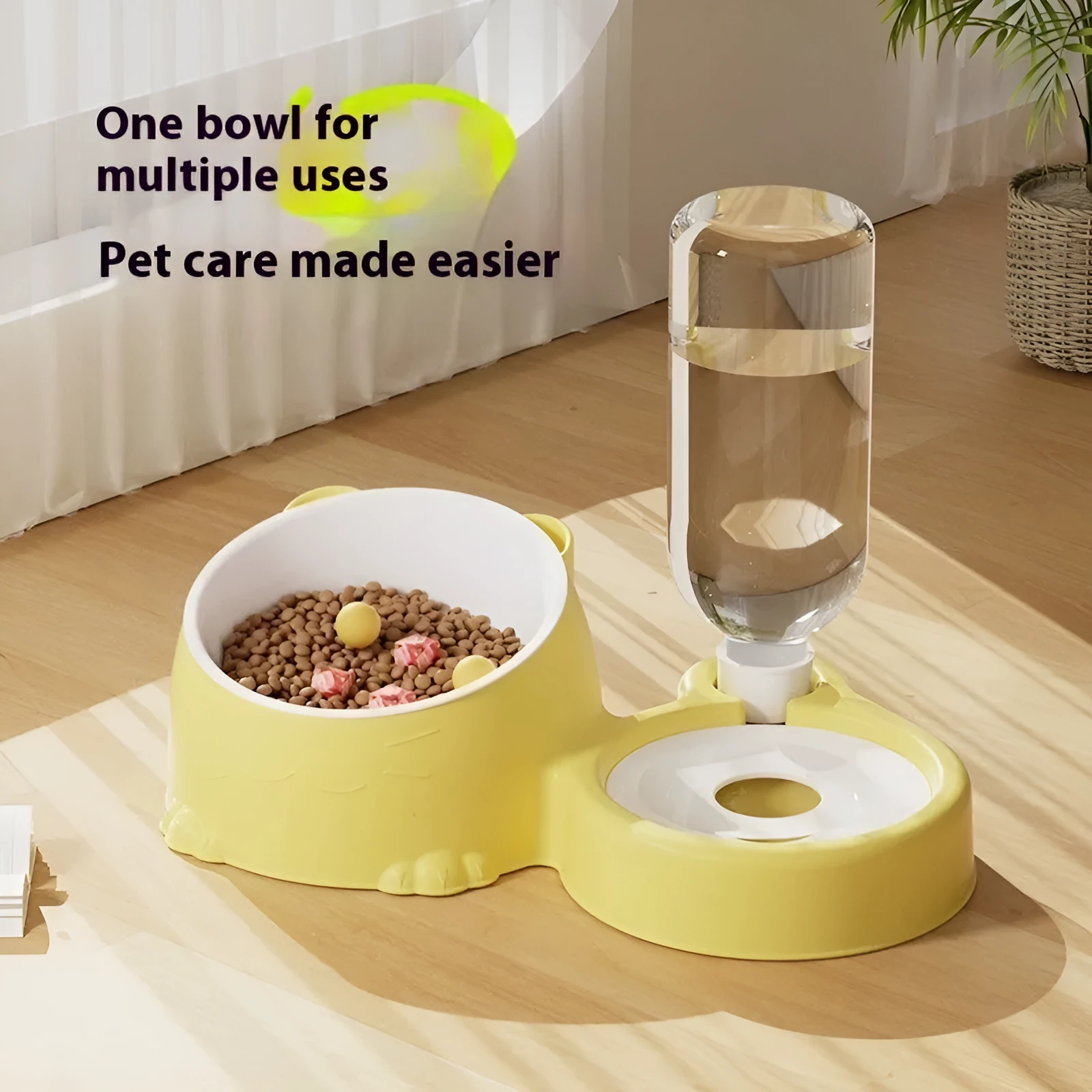 Grass green double bowl automatic pet feeder for cats and dogs on an elevated plastic stand.