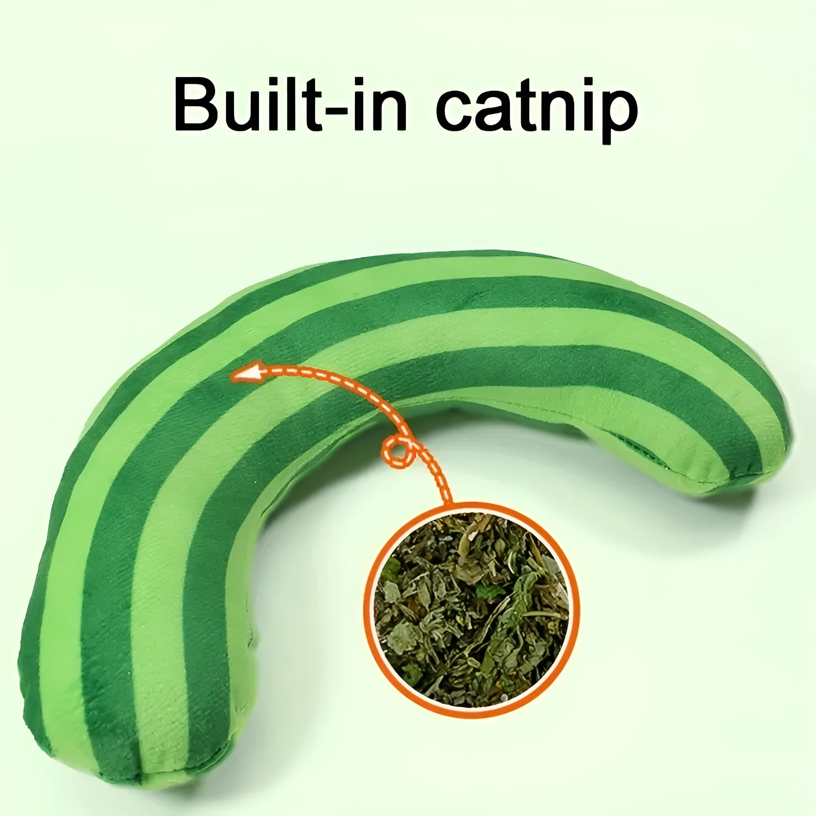 Cat toy set with striped pattern pillows and noise toys containing catnip in green, rainbow and yellow colours