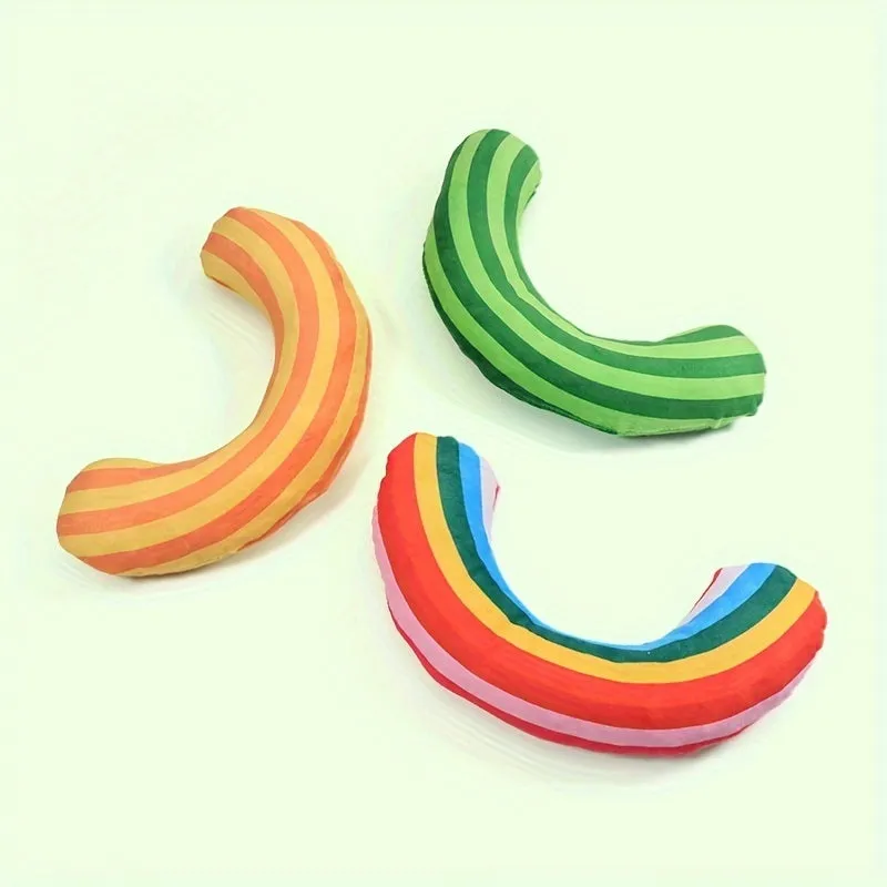 Cat toy set with striped pattern pillows and noise toys containing catnip in green, rainbow and yellow colours