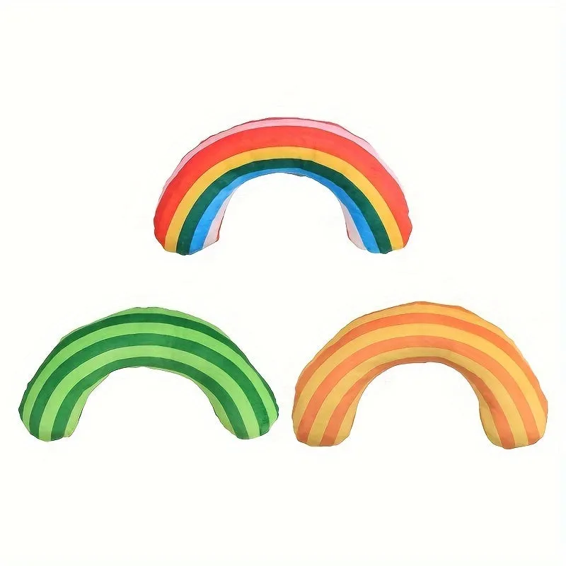 Cat toy set with striped pattern pillows and noise toys containing catnip in green, rainbow and yellow colours