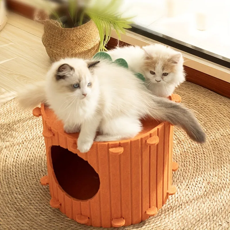 Grey felt semi-enclosed cat tunnel and nest bed for indoor cats, shown in medium and large sizes.