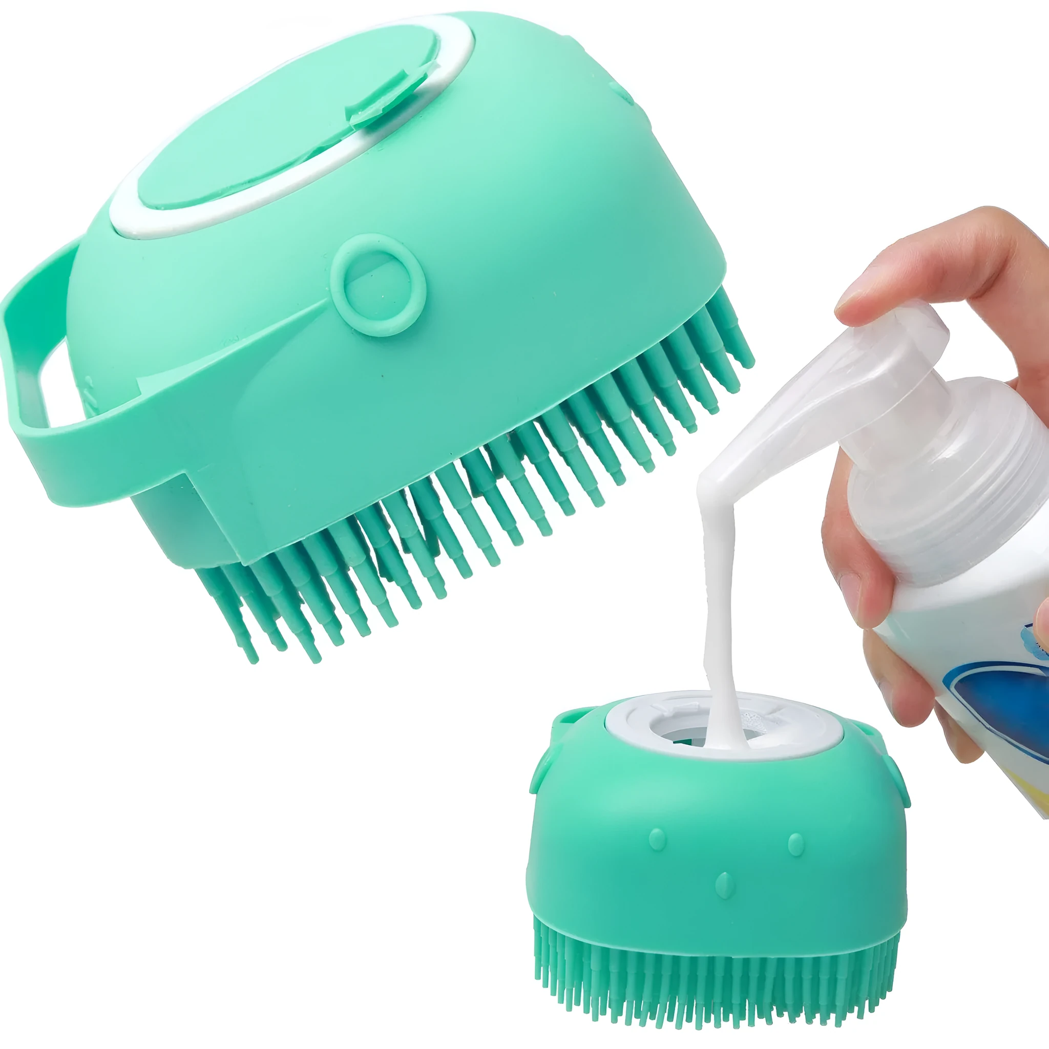 Blue silicone pet shampoo massager brush with soap dispenser for grooming short hair dogs and cats
