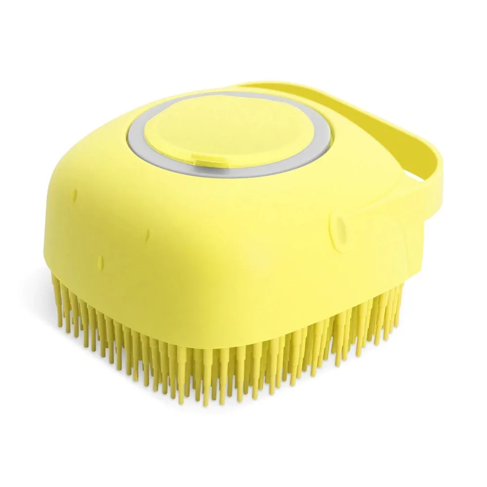 Blue silicone pet shampoo massager brush with soap dispenser for grooming short hair dogs and cats