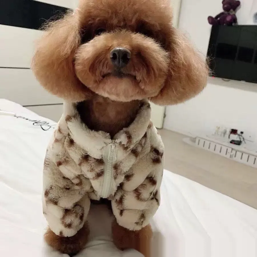 Dog wearing autumn winter polyester smoked fur coat in LV presbyopic fur colour, British style, available in sizes XS-XL