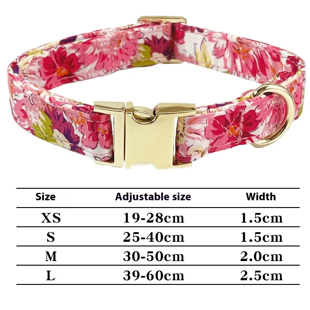 Cotton metal floral dog collar and matching hand-holding rope leash for medium to large dogs