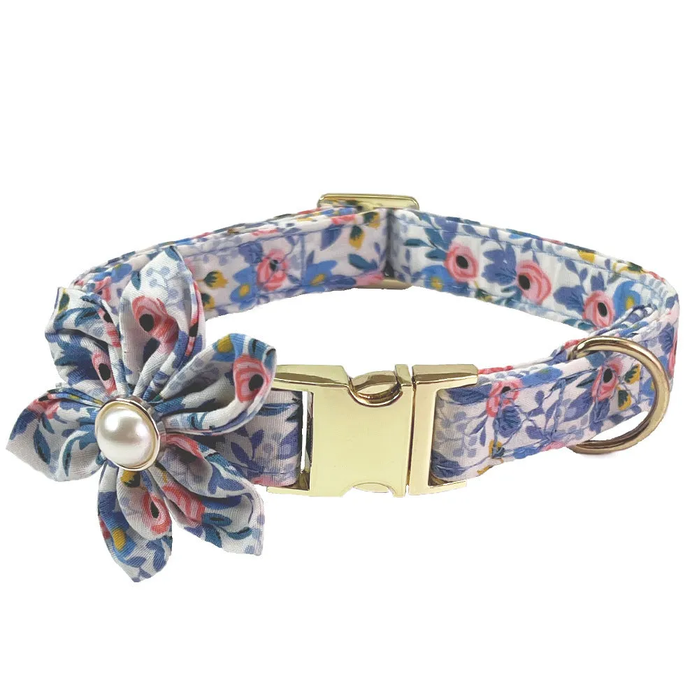 Cotton metal floral dog collar and matching hand-holding rope leash for medium to large dogs