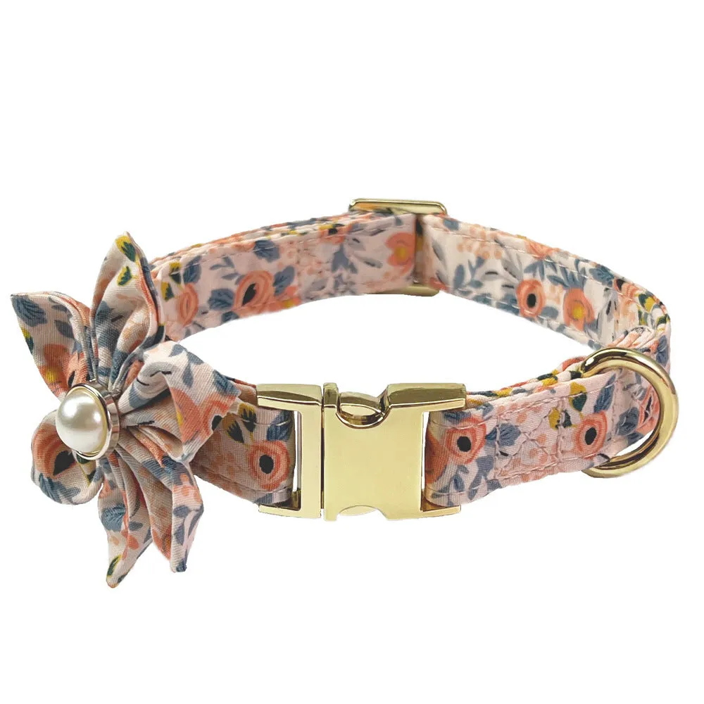 Cotton metal floral dog collar and matching hand-holding rope leash for medium to large dogs