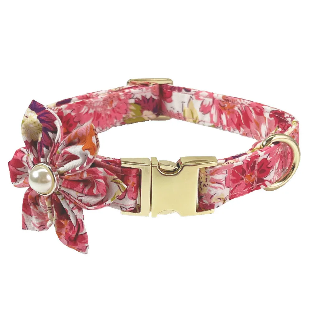 Cotton metal floral dog collar and matching hand-holding rope leash for medium to large dogs