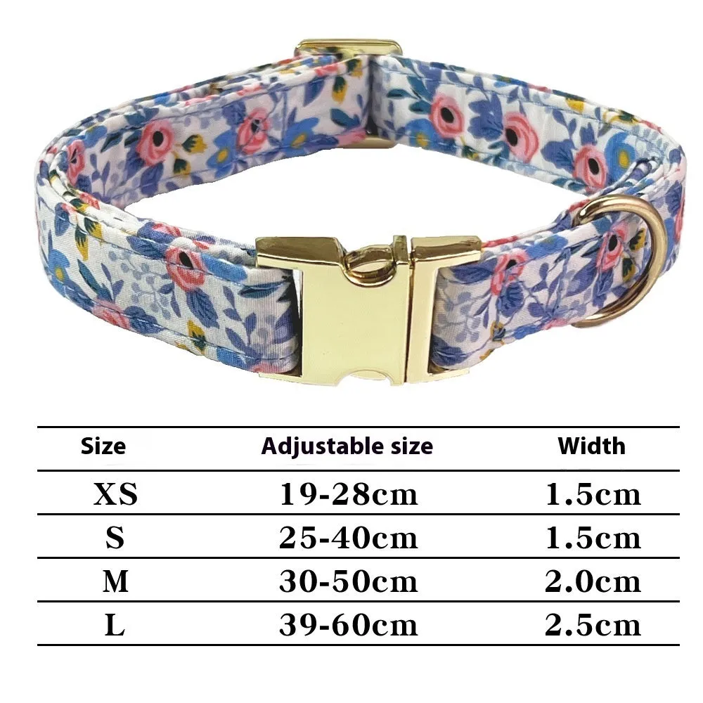 Cotton metal floral dog collar and matching hand-holding rope leash for medium to large dogs