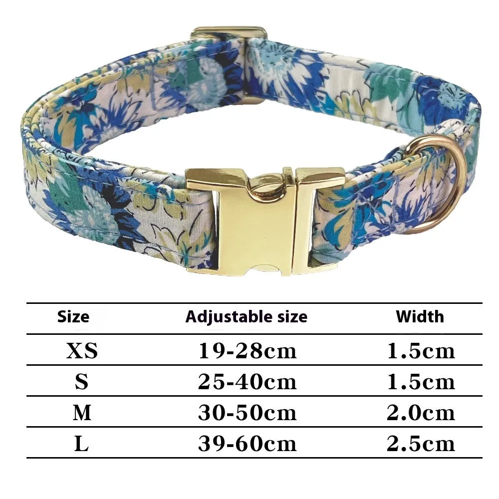 Cotton metal floral dog collar and matching hand-holding rope leash for medium to large dogs