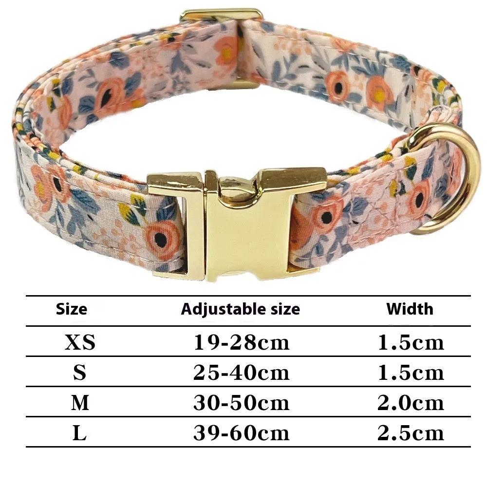 Cotton metal floral dog collar and matching hand-holding rope leash for medium to large dogs