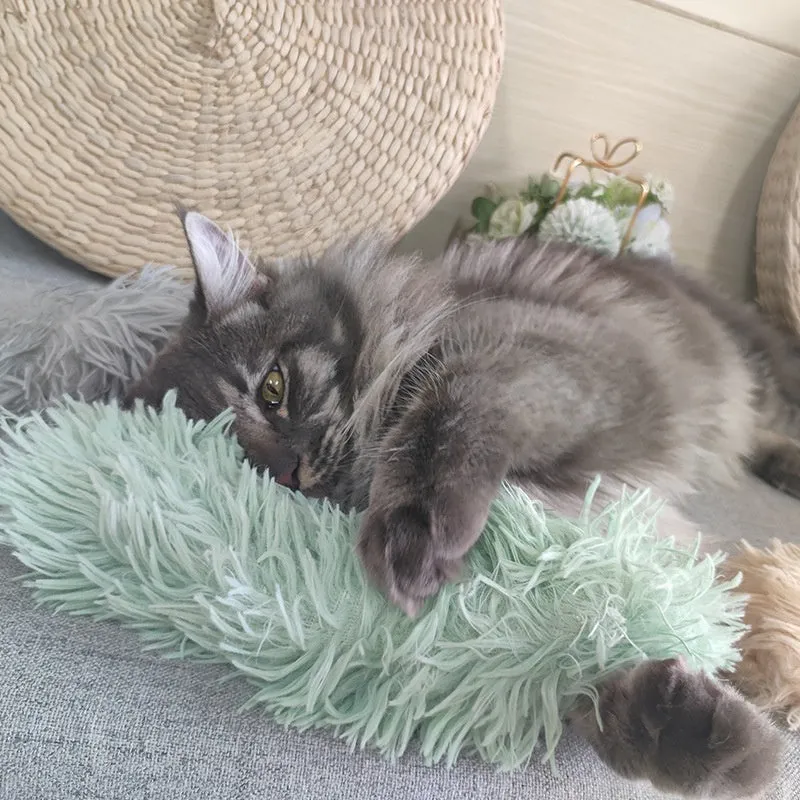 Plush cat toy containing catnip and ringing paper, about 30cm long, available in multiple colours