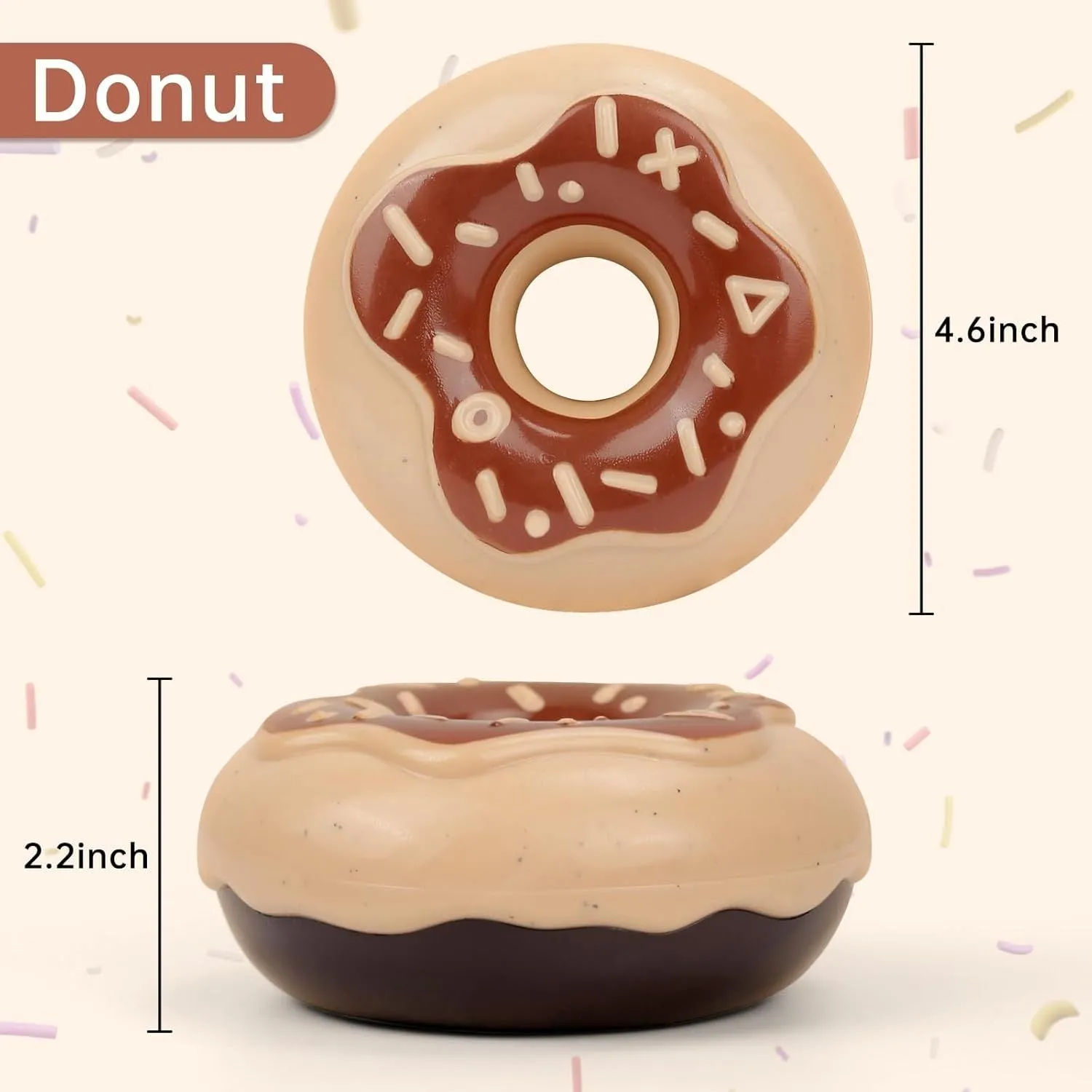 TPR donut dog toy in coffee colour with embossed surface for teeth grinding and hidden squeaker