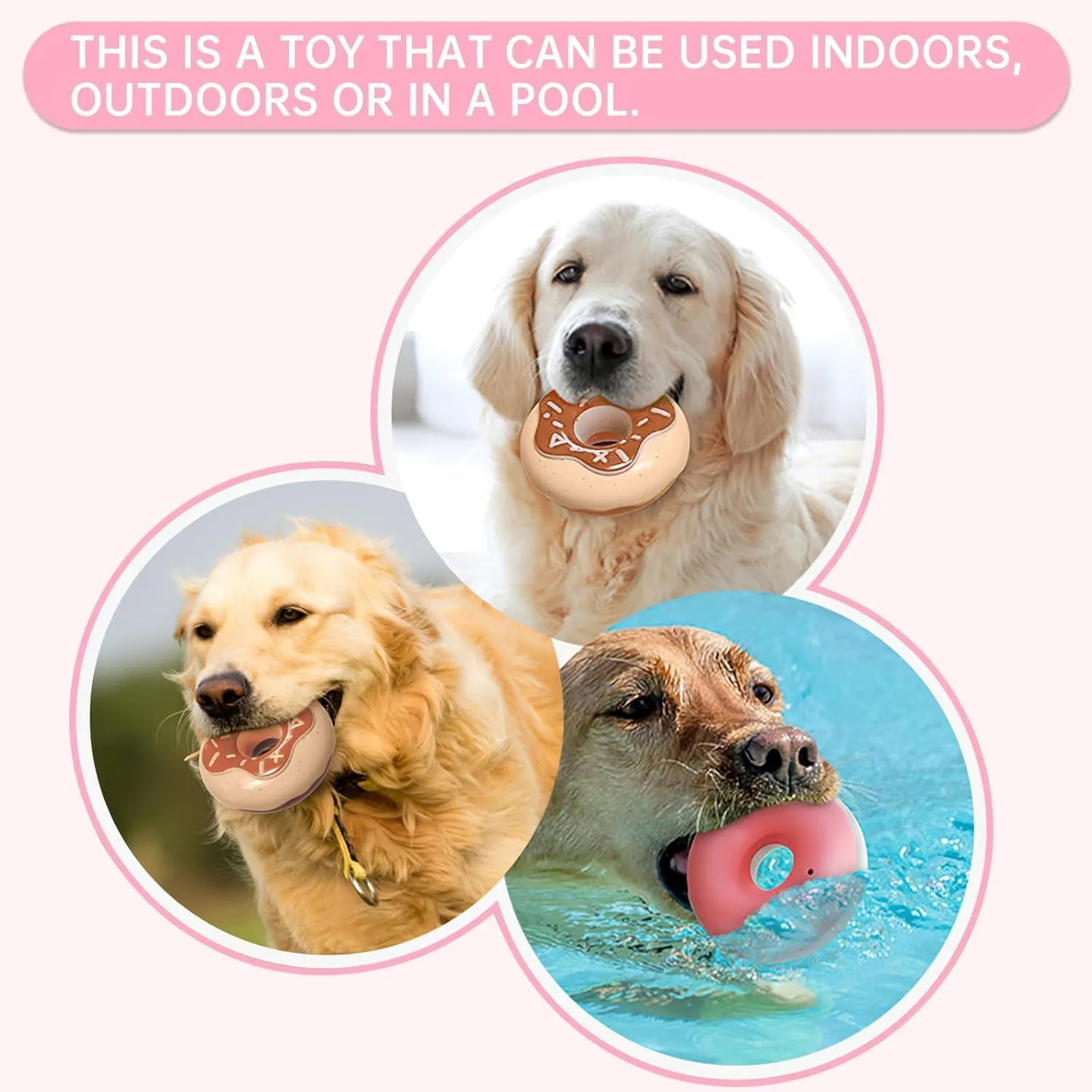 TPR donut dog toy in coffee colour with embossed surface for teeth grinding and hidden squeaker