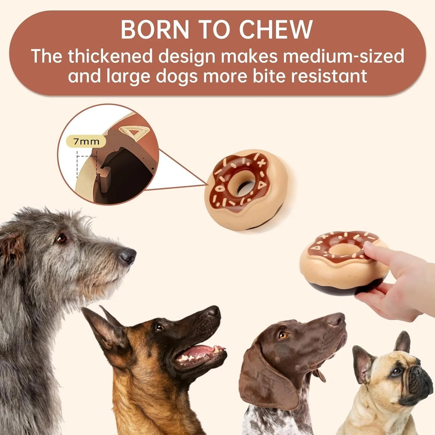 TPR donut dog toy in coffee colour with embossed surface for teeth grinding and hidden squeaker