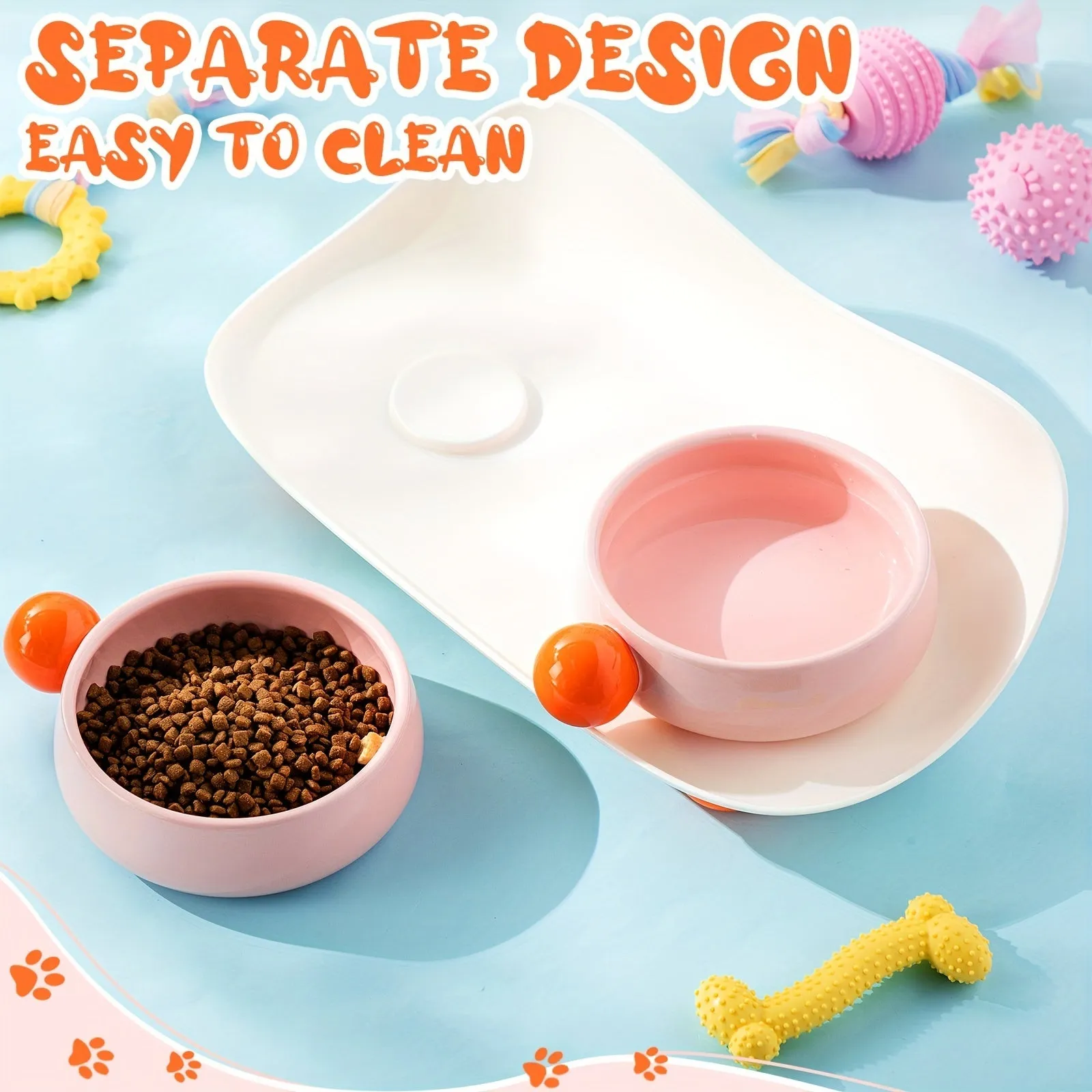 Ceramic pet feeding bowl set with two raised bowls and non-slip base in pink colour