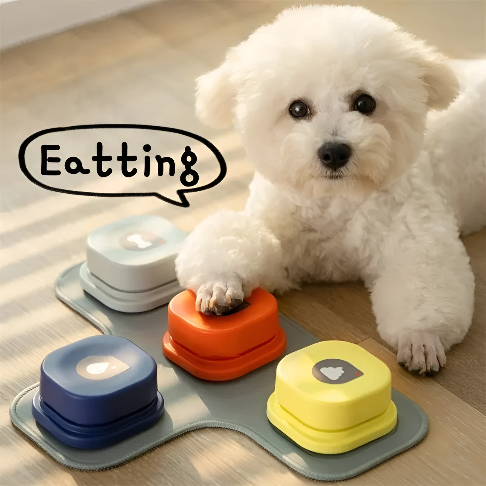 Pet communication button in orange, blue, grey and yellow with mats, 8.5cm ABS plastic recordable dog talking toy