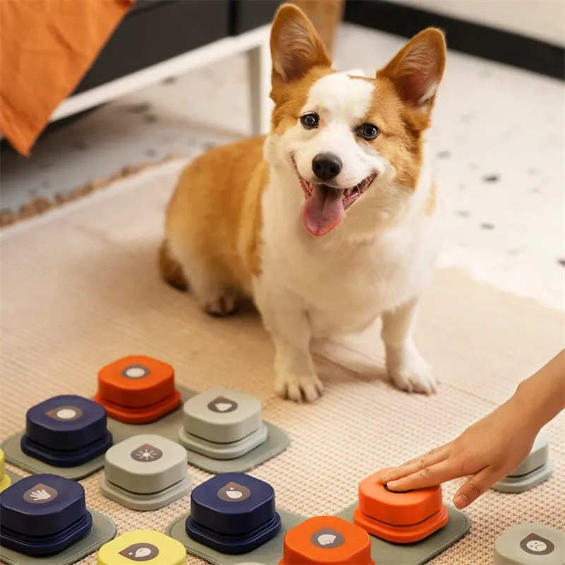 Pet communication button in orange, blue, grey and yellow with mats, 8.5cm ABS plastic recordable dog talking toy