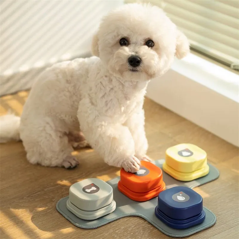 Pet communication button in orange, blue, grey and yellow with mats, 8.5cm ABS plastic recordable dog talking toy