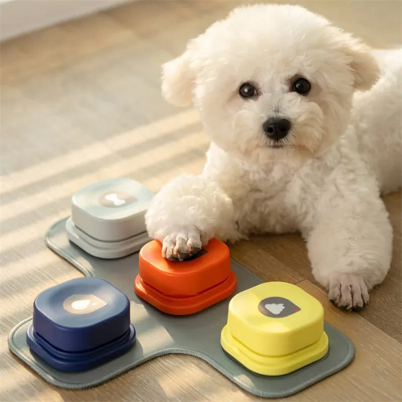 Pet communication button in orange, blue, grey and yellow with mats, 8.5cm ABS plastic recordable dog talking toy