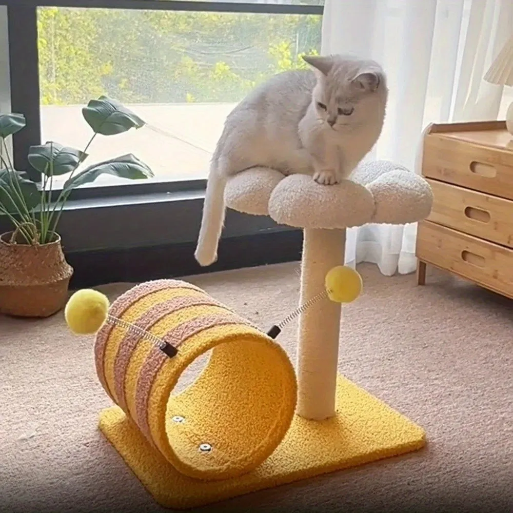 Yellow bee-shaped cat climbing frame with sisal scratching board and tunnel, dimensions 46x36x25cm.