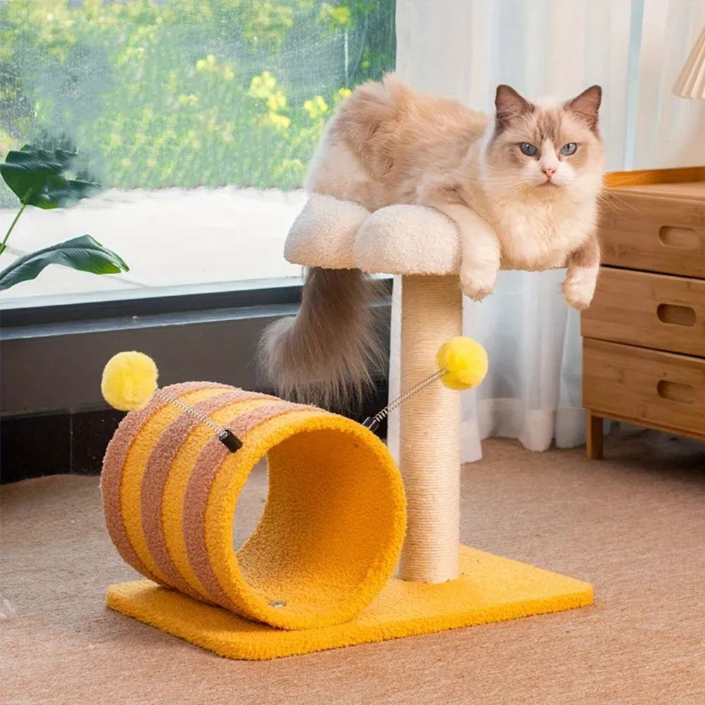 Yellow bee-shaped cat climbing frame with sisal scratching board and tunnel, dimensions 46x36x25cm.